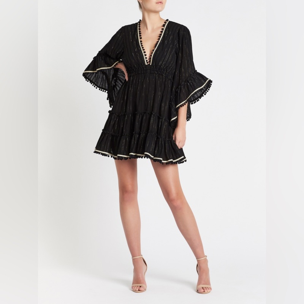 Misa Los Angeles Black V-Neck Long Sleeve Mini Dress with Pom Trim